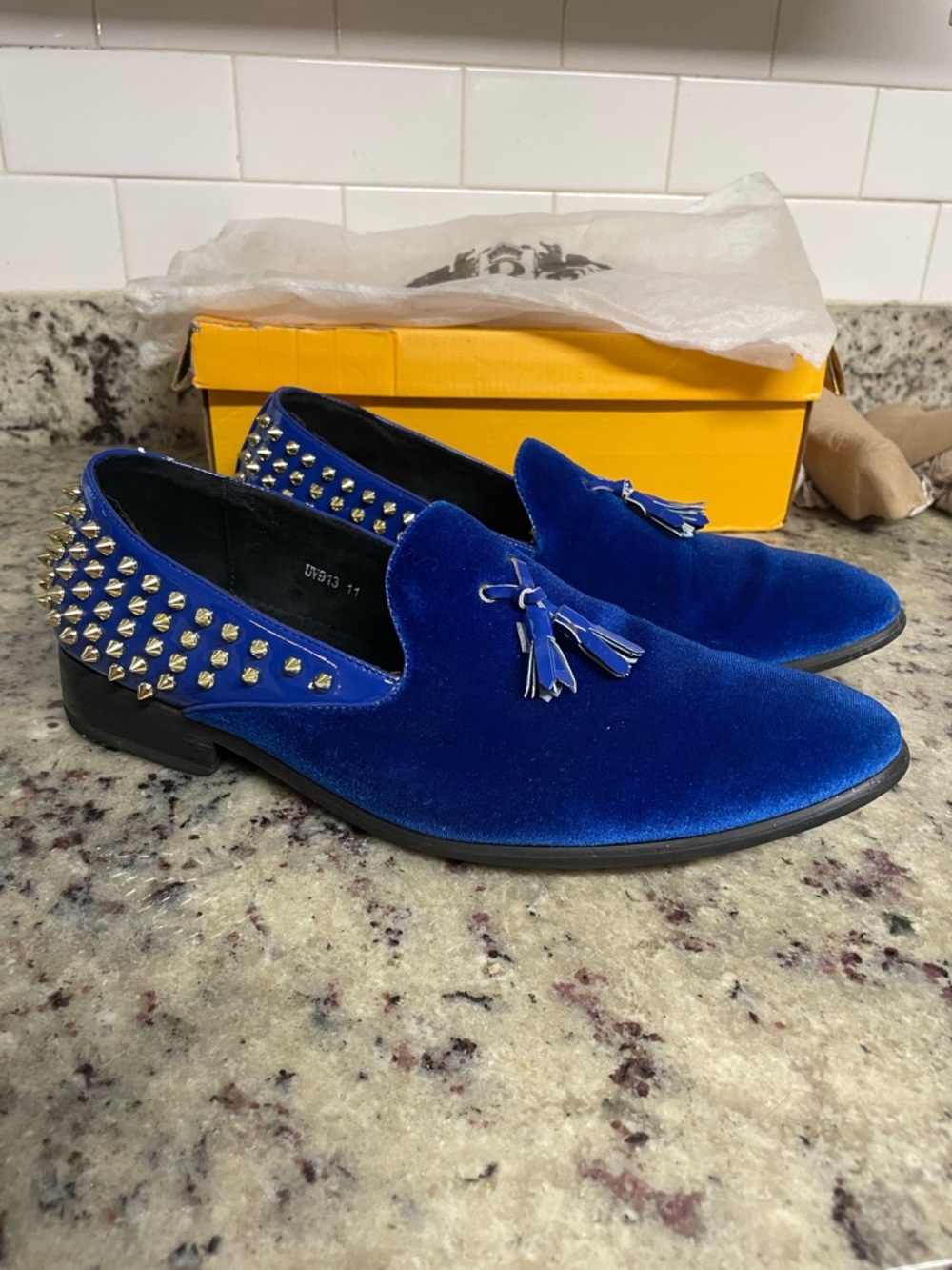 Men's Royal UV Signature Blue Velvet Tassel Loafers Studded shoe Heel Size 11